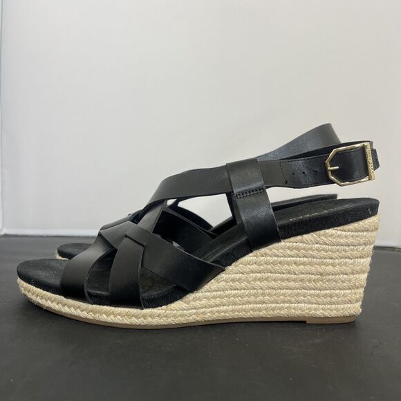 Cole Haan Crystal Womens Size 9.5B Shoes Black Leather Wedge Espadrille Sandals - Picture 7 of 13